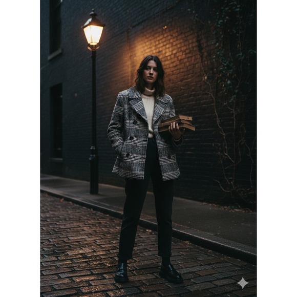 VNTG Maralyn & Me Plaid Pea Coat Dark Academia Tweed Jacket Brown Grey S - Picture 2 of 9